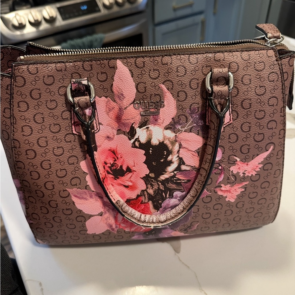 GUESS Pink and Brown Floral Satchel